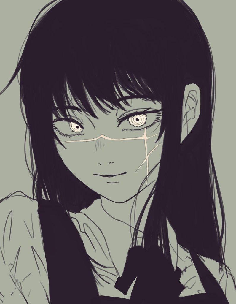 yoru (chainsaw man), chainsaw man, commentary request, 1girl, closed mouth, collared shirt, dress, facial scar, fourth east high school uniform, greyscale, long hair, looking at viewer, monochrome, pinafore dress, ringed eyes, scar, scar on cheek, scar on face, school uniform, shirt, sleeveless, sleeveless dress, solo, tengoku nara