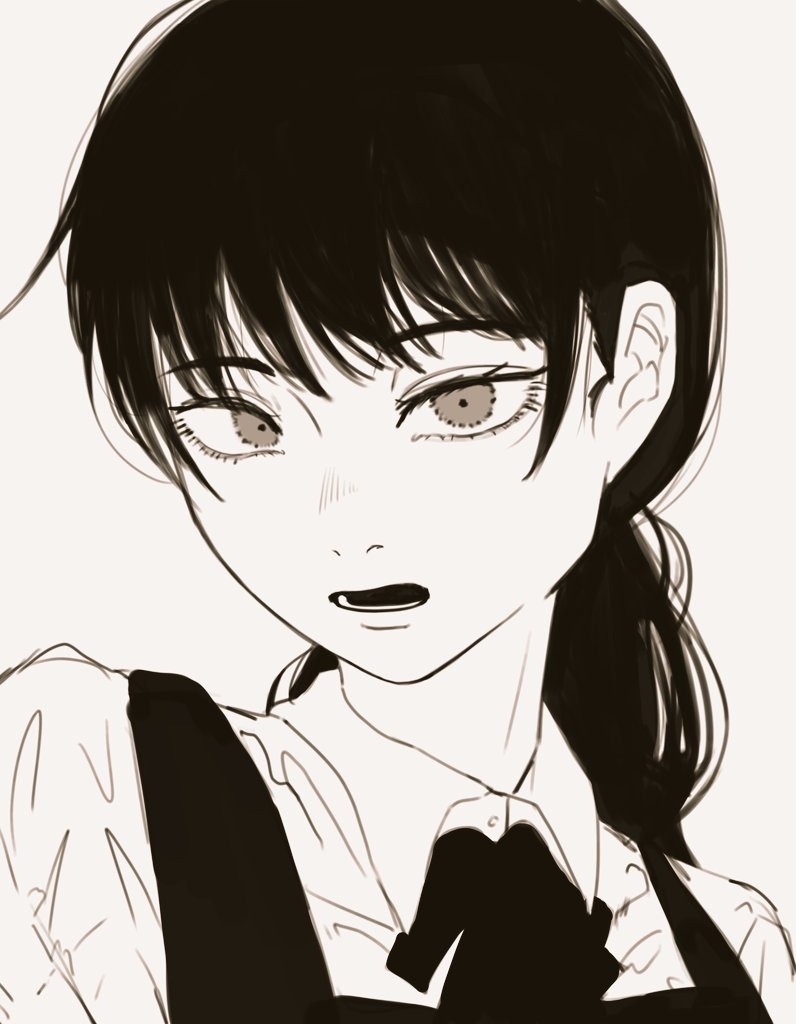 mitaka asa, chainsaw man, commentary request, 1girl, collared shirt, dress, fourth east high school uniform, greyscale, long hair, looking at viewer, lower teeth only, monochrome, open mouth, pinafore dress, school uniform, shirt, sleeveless, sleeveless dress, solo, teeth, tengoku nara