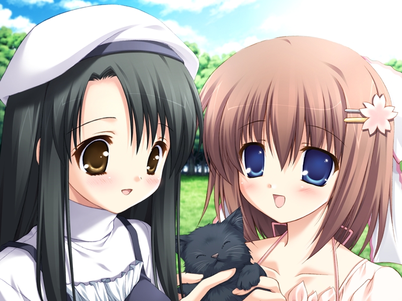 minase yuka, tachibana kukuri, 11eyes, 00s, 2girls, baby animal, black hair, blush, brown hair, cat, hat, kitten, long hair, multiple girls, short hair