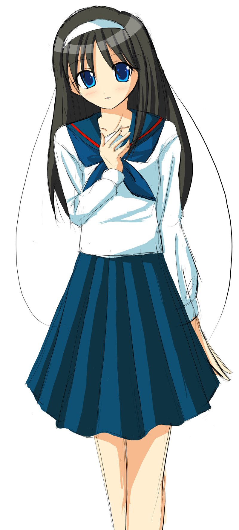 kof1484, tohno akiha, tsukihime, highres, long image, tall image, 00s, 1girl, black hair, blue eyes, blush, female focus, hairband, long hair, school uniform, serafuku, simple background, sketch, solo, standing, white background