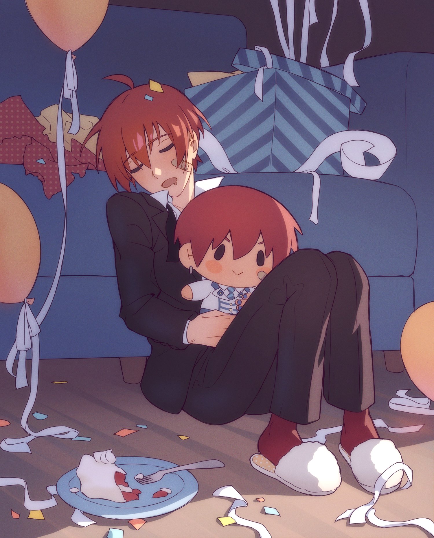 nifffi, arsloid, vocaloid, hashtag-only commentary, highres, 1boy, anniversary, balloon, bandaid, bandaid on face, birthday, black jacket, black pants, cake, character doll, closed eyes, confetti, couch, doll, drooling, food, fork, full body, holding, holding doll, jacket, male focus, pants, plate, red hair, red socks, sitting, slippers, socks, solo, streamers, u u, white slippers