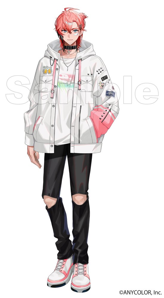 hinatsu, akagi wen, nijisanji, commentary request, official art, 1boy, ahoge, akagi wen (3rd costume), bandaid, bandaid on cheek, bandaid on face, black choker, black hair, black pants, blue eyes, buttons, choker, closed mouth, company name, copyright notice, crossed bangs, drawstring, earrings, hair between eyes, hair bun, hair ornament, hairclip, half updo, hand in pocket, hood, hood down, hooded jacket, jacket, jewelry, long sleeves, looking at viewer, male focus, multicolored hair, multicolored shoes, necklace, official alternate costume, open clothes, open jacket, pants, parted bangs, pendant choker, pink hair, print shirt, sample watermark, shirt, shoes, short hair, single hair bun, smile, sneakers, solo, streaked hair, torn clothes, torn pants, virtual youtuber, watermark, white jacket, white shirt, white shoes, x hair ornament