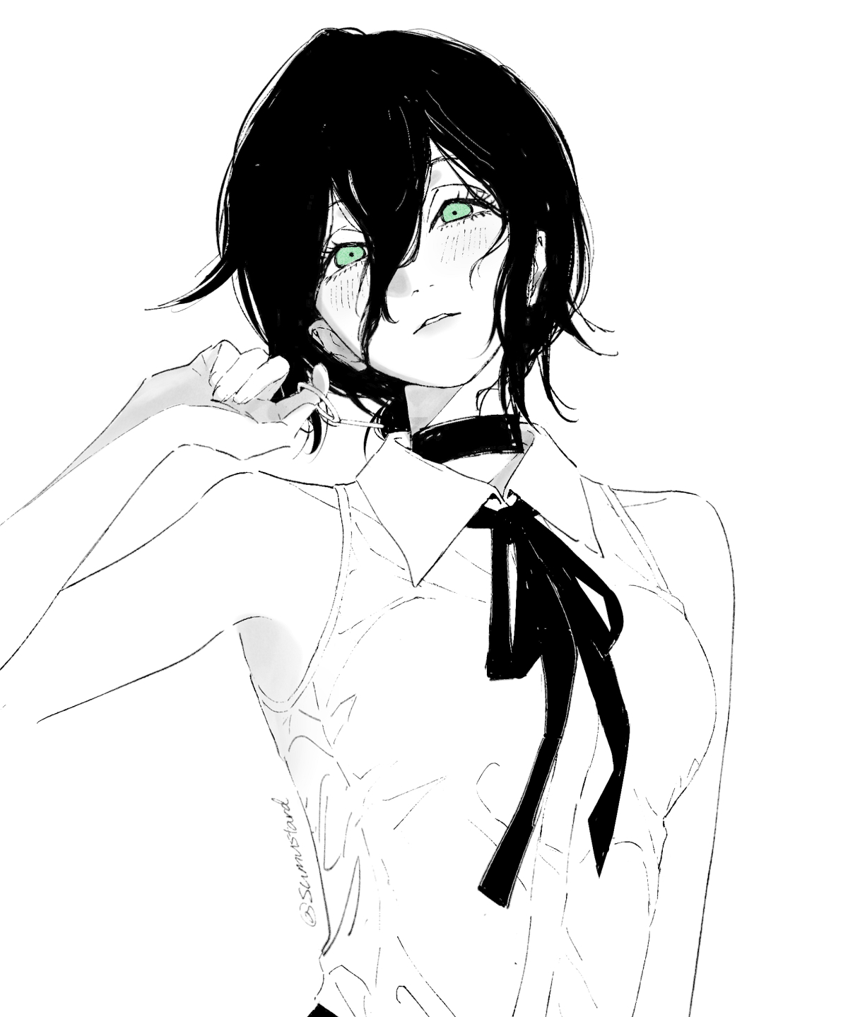 sumustard, reze (chainsaw man), chainsaw man, highres, 1girl, choker, collared shirt, green eyes, grenade pin, greyscale, hair between eyes, light blush, looking at viewer, monochrome, neck ribbon, parted lips, ribbon, shirt, sleeveless, sleeveless shirt, solo, spot color