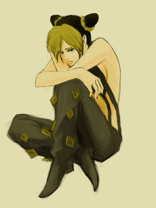 na33, kuujou jolyne, jojo no kimyou na bouken, stone ocean, bad id, bad pixiv id, 1girl, bare shoulders, breasts, cone hair bun, double bun, female focus, full body, hair bun, halterneck, midriff, multicolored hair, sideboob, simple background, sitting, solo, two-tone hair