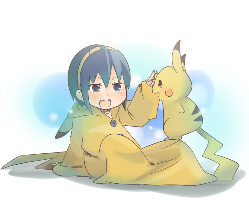 marth (fire emblem), pikachu, fire emblem, fire emblem: mystery of the emblem, nintendo, pokemon, super smash bros., 1boy, blue hair, circlet, cosplay, costume, gen 1 pokemon, high five, male focus, pikachu (cosplay), tiara