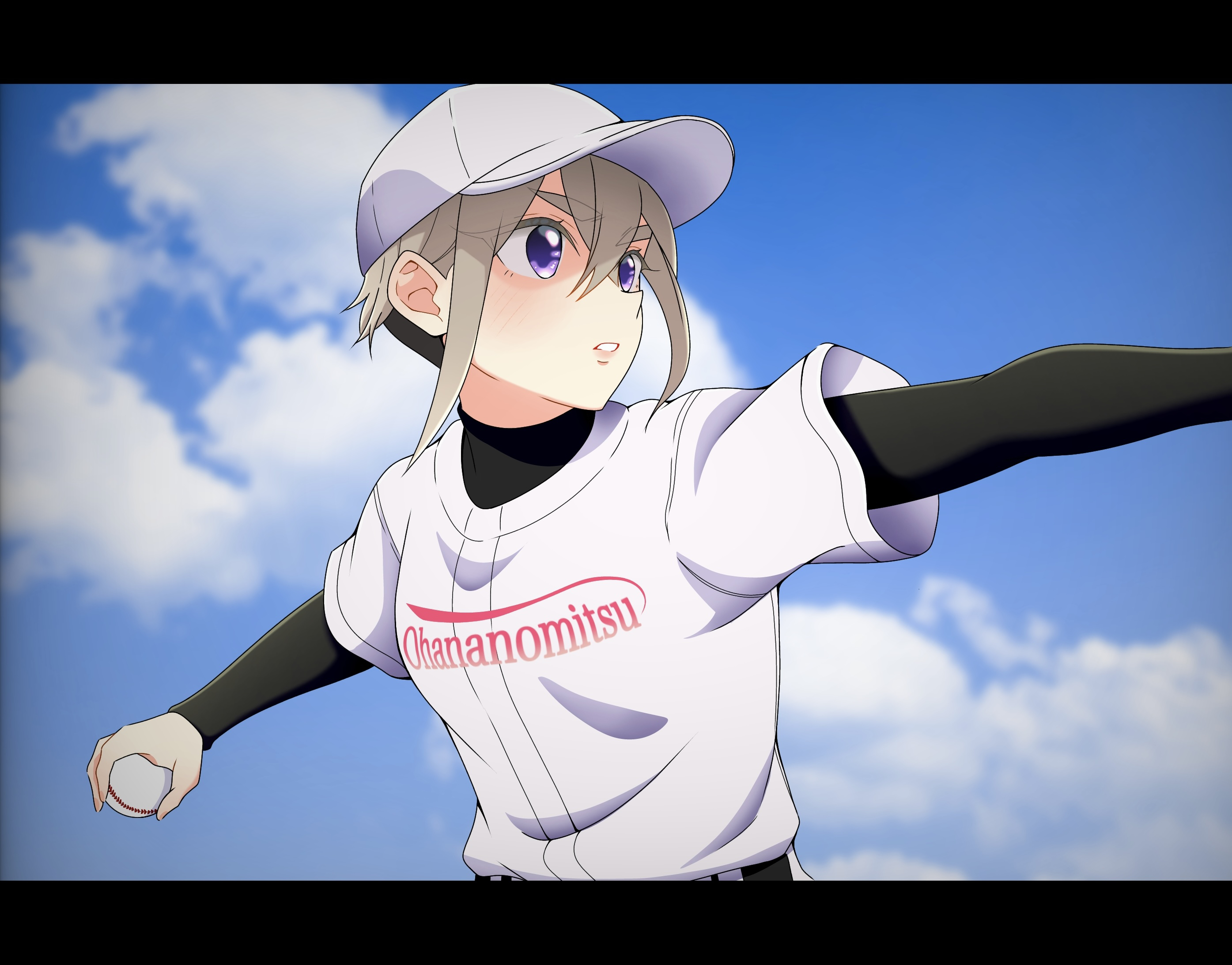sutou iku, kimi no koto ga dai dai dai dai daisuki na 100-nin no kanojo, commentary request, highres, variant set, 1girl, ball, baseball, baseball cap, black shirt, blue sky, clothes writing, cloud, day, eyelashes, grey hair, hat, holding, holding ball, letterboxed, long sleeves, pack0130, purple eyes, shirt, short hair, short sleeves, sidelocks, sky, solo, undercut, undershirt, upper body, very short hair, white hat, white shirt