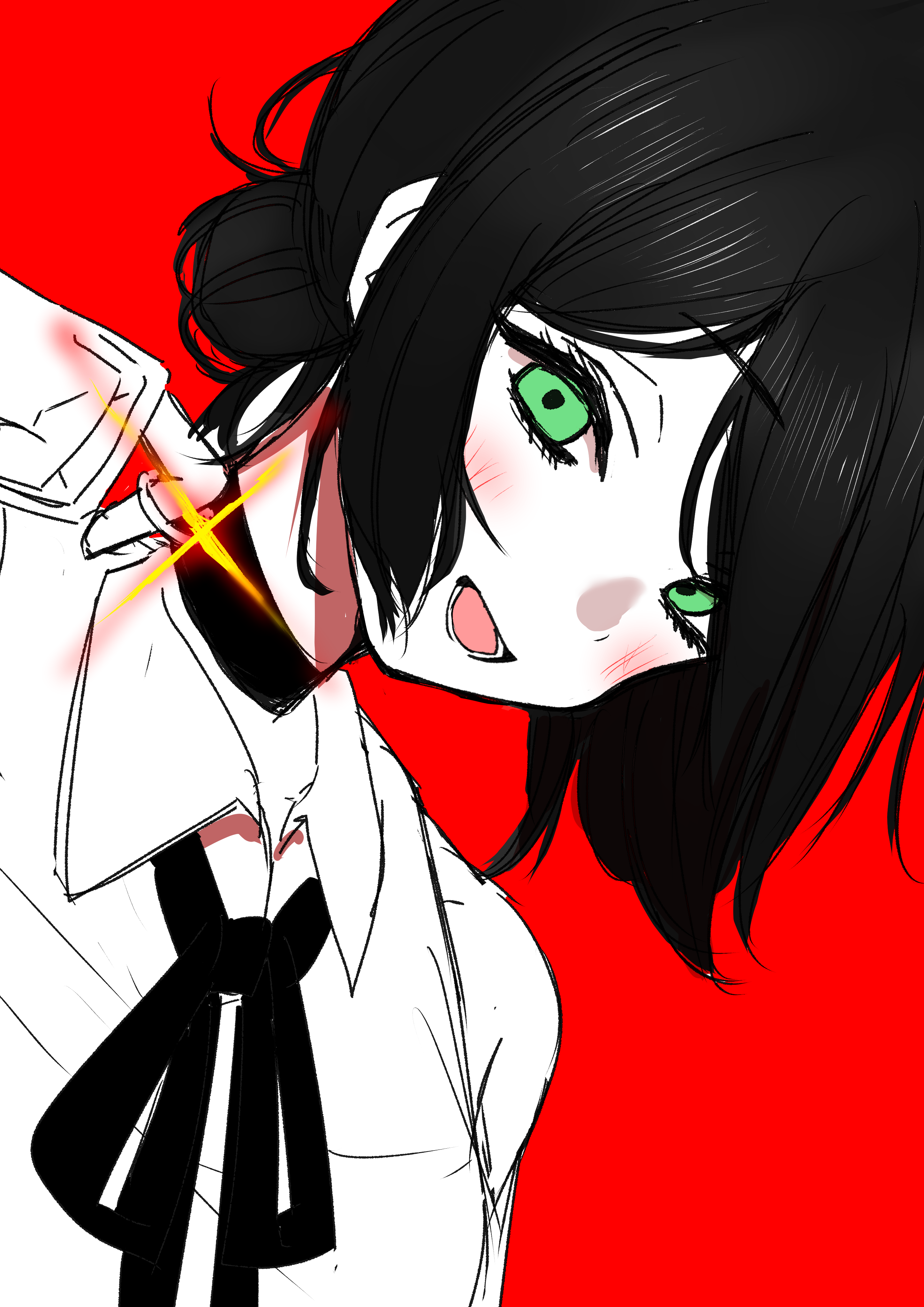 shintakuya, reze (chainsaw man), chainsaw man, absurdres, highres, 1girl, black choker, black hair, black ribbon, choker, collared shirt, green eyes, grenade pin, hair bun, lower teeth only, neck ribbon, open mouth, red background, ribbon, shirt, simple background, solo, teeth, white shirt