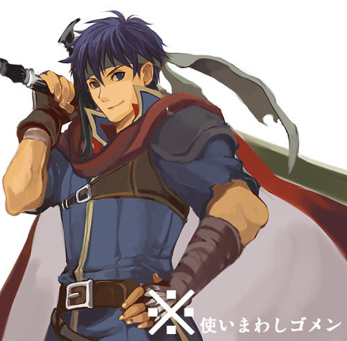 hanakago, ike (fire emblem), fire emblem, fire emblem: path of radiance, fire emblem: radiant dawn, nintendo, lowres, armor, blue eyes, blue hair, cape, gloves, headband, male focus, smile, solo, sword, weapon