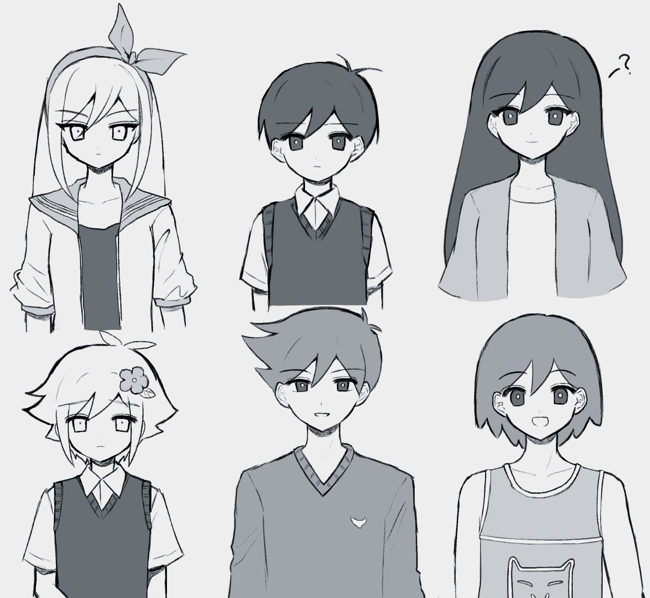 true erg, aubrey (faraway) (omori), aubrey (omori), basil (faraway) (omori), basil (omori), hero (faraway) (omori), hero (omori), kel (faraway) (omori), kel (omori), mari (faraway) (omori), mari (omori), sunny (omori), omori, commentary request, highres, 2girls, 4boys, :d, ?, antenna hair, arms at sides, bow hairband, bright pupils, brother and sister, brothers, closed mouth, collarbone, collared shirt, cropped torso, double-parted bangs, expressionless, flower, frown, grey background, greyscale, hair behind ear, hair between eyes, hair flower, hair ornament, hairband, jacket, long hair, long sleeves, looking at viewer, monochrome, multiple boys, multiple girls, open clothes, open jacket, open mouth, raised inner eyebrows, sailor collar, shirt, short-sleeved jacket, short hair, short sleeves, siblings, simple background, smile, straight-on, straight hair, sweater, sweater vest, tank top, tsurime, upper body, v-neck, very long hair, very short hair