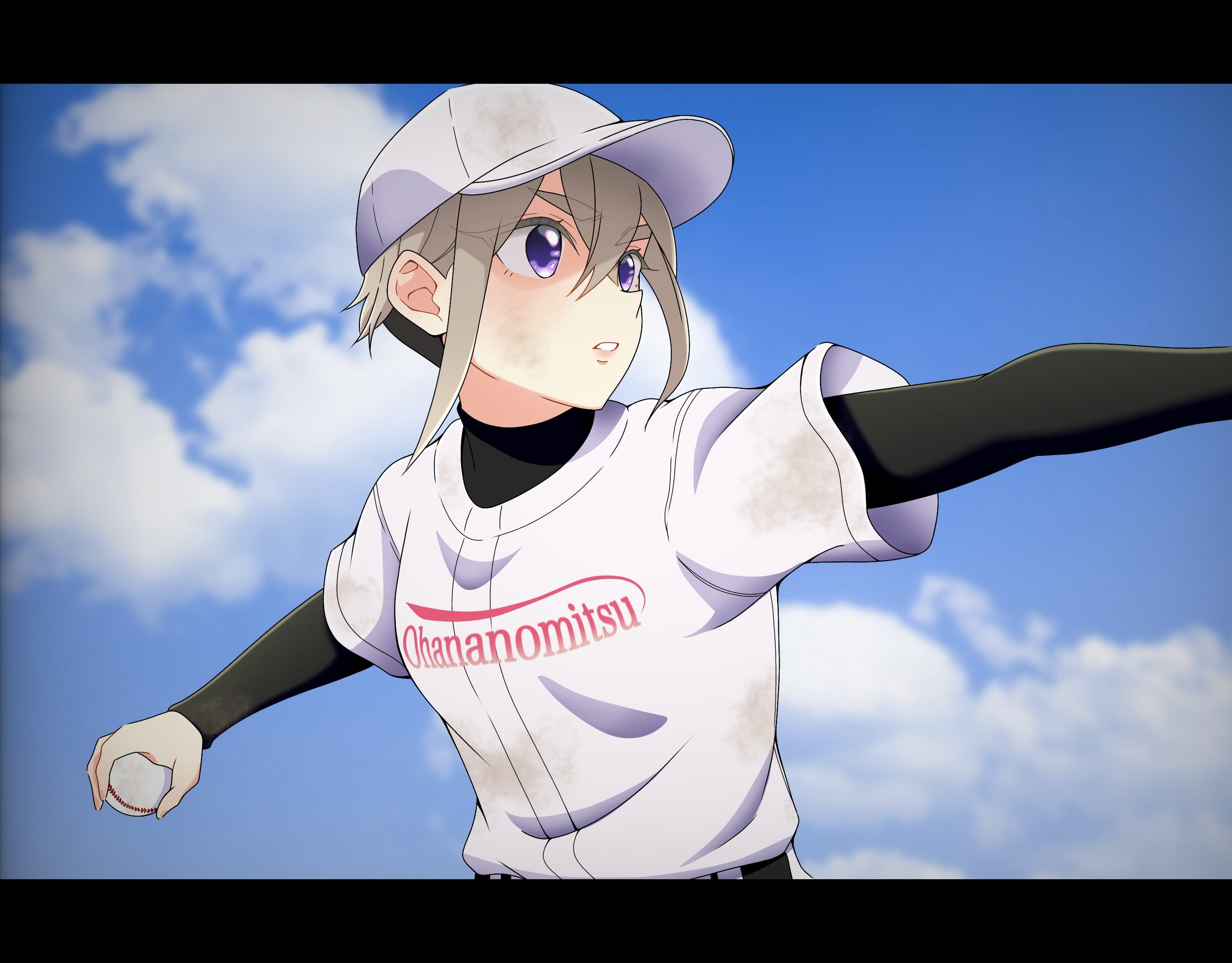 sutou iku, kimi no koto ga dai dai dai dai daisuki na 100-nin no kanojo, commentary request, highres, variant set, 1girl, ball, baseball, baseball cap, black shirt, blue sky, clothes writing, cloud, day, dirty, eyelashes, grey hair, hat, holding, holding ball, letterboxed, long sleeves, pack0130, purple eyes, shirt, short hair, short sleeves, sidelocks, sky, solo, undercut, undershirt, upper body, very short hair, white hat, white shirt