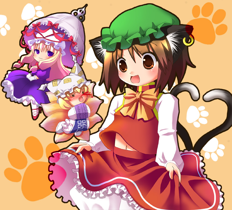 fuzuki imeri, chen, yakumo ran, yakumo yukari, touhou, 3girls, animal ears, blonde hair, blood, bloomers, blush, brown hair, cat ears, cat girl, cat tail, chibi, china dress, chinese clothes, dress, earrings, female focus, fox ears, fox tail, hat, heart, heart tail, jewelry, long hair, multiple girls, nosebleed, parasol, ribbon, short hair, skirt, tail, umbrella, underwear