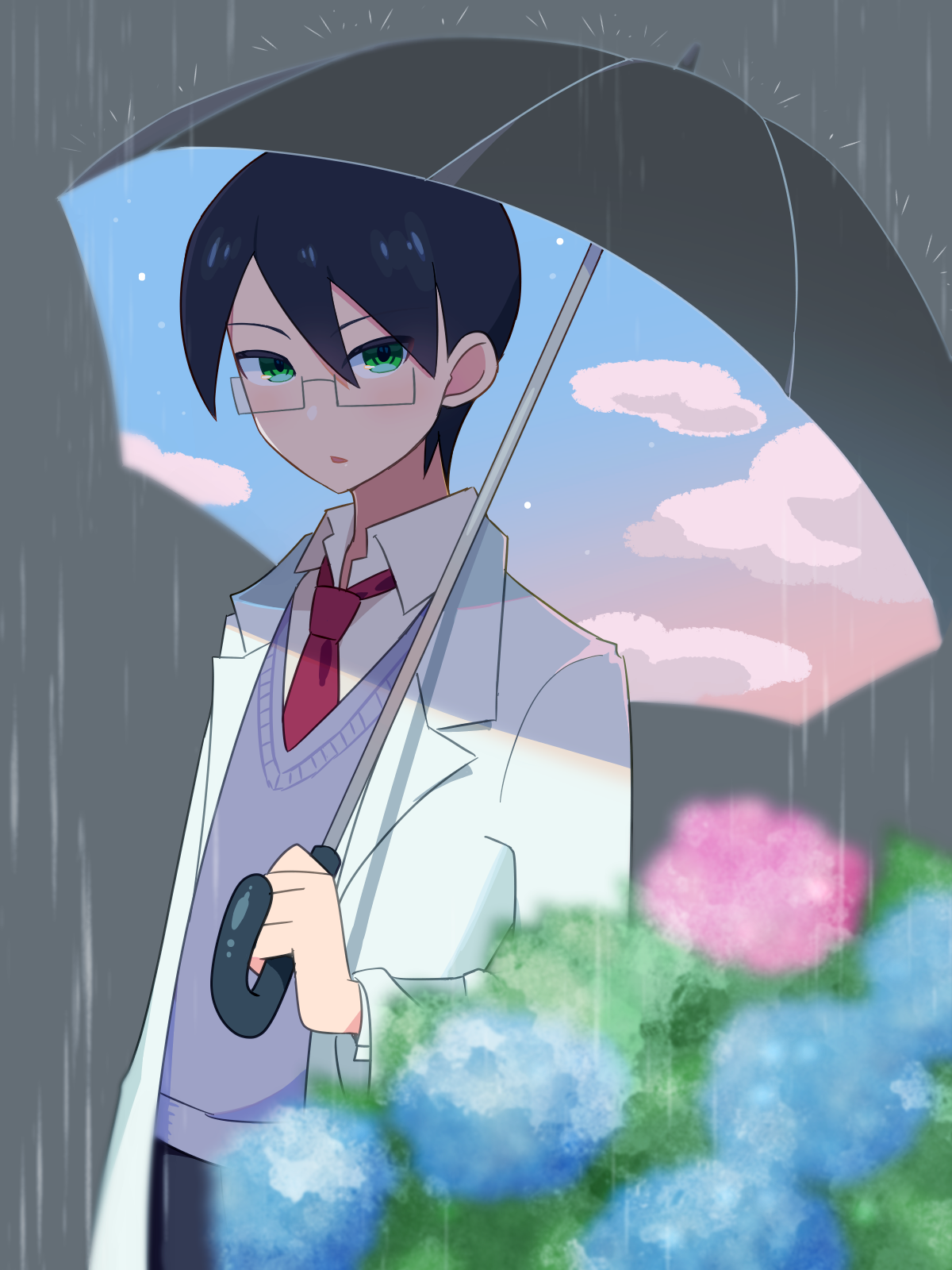 tomato ebichiri, itoshiki mikoto, sayonara zetsubou sensei, commentary request, highres, 1boy, black hair, black pants, blue flower, blurry, cloud, cloudy sky, collared shirt, cowboy shot, depth of field, flower, glasses, green eyes, grey umbrella, hair between eyes, holding, holding umbrella, hydrangea, lab coat, looking at viewer, male focus, necktie, open mouth, pants, pink flower, purple sweater vest, rain, red necktie, shirt, sky, solo, sweater vest, umbrella