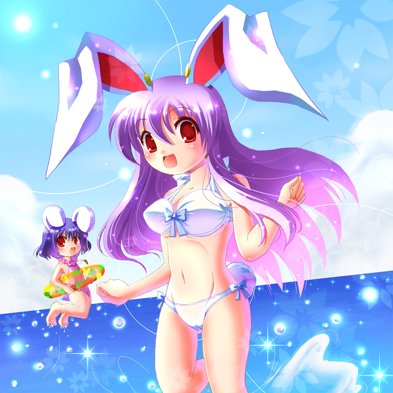 fuzuki imeri, inaba tewi, reisen udongein inaba, touhou, 2girls, animal ears, bad anatomy, bikini, black hair, cameltoe, casual one-piece swimsuit, female focus, long hair, multiple girls, ocean, one-piece swimsuit, poorly drawn, purple hair, rabbit ears, short hair, swimsuit