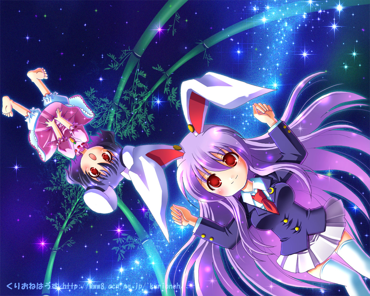 fuzuki imeri, inaba tewi, reisen udongein inaba, touhou, 2girls, animal ears, black hair, female focus, long hair, multiple girls, necktie, purple hair, rabbit ears, red necktie, short hair, skirt