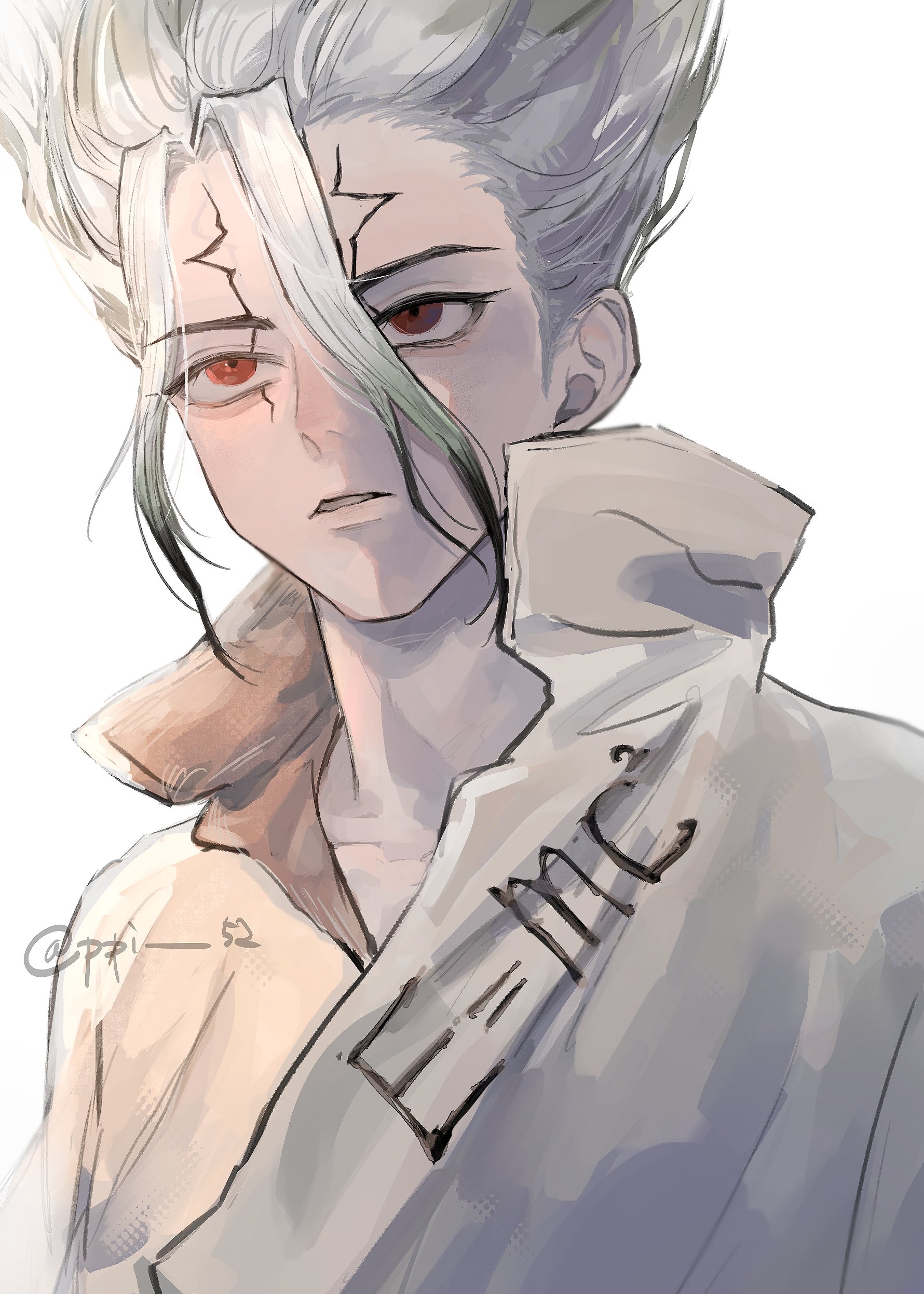 api (ppi 52), ishigami senkuu, dr. stone, absurdres, highres, 1boy, black hair, closed mouth, e=mc2 (equation), equation, gradient hair, male focus, multicolored hair, red eyes, spiked hair, tall hair, twitter username, two-tone hair, upper body, white hair