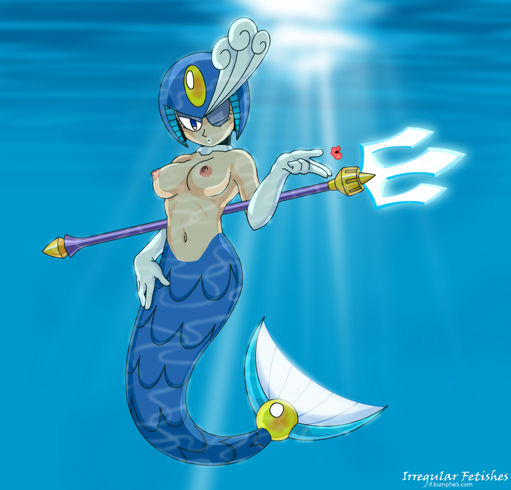 irregular fetishes, splash woman, mega man (series), mega man 9, topless, breasts, mermaid, monster girl, polearm, spear, trident, underwater, weapon, wink