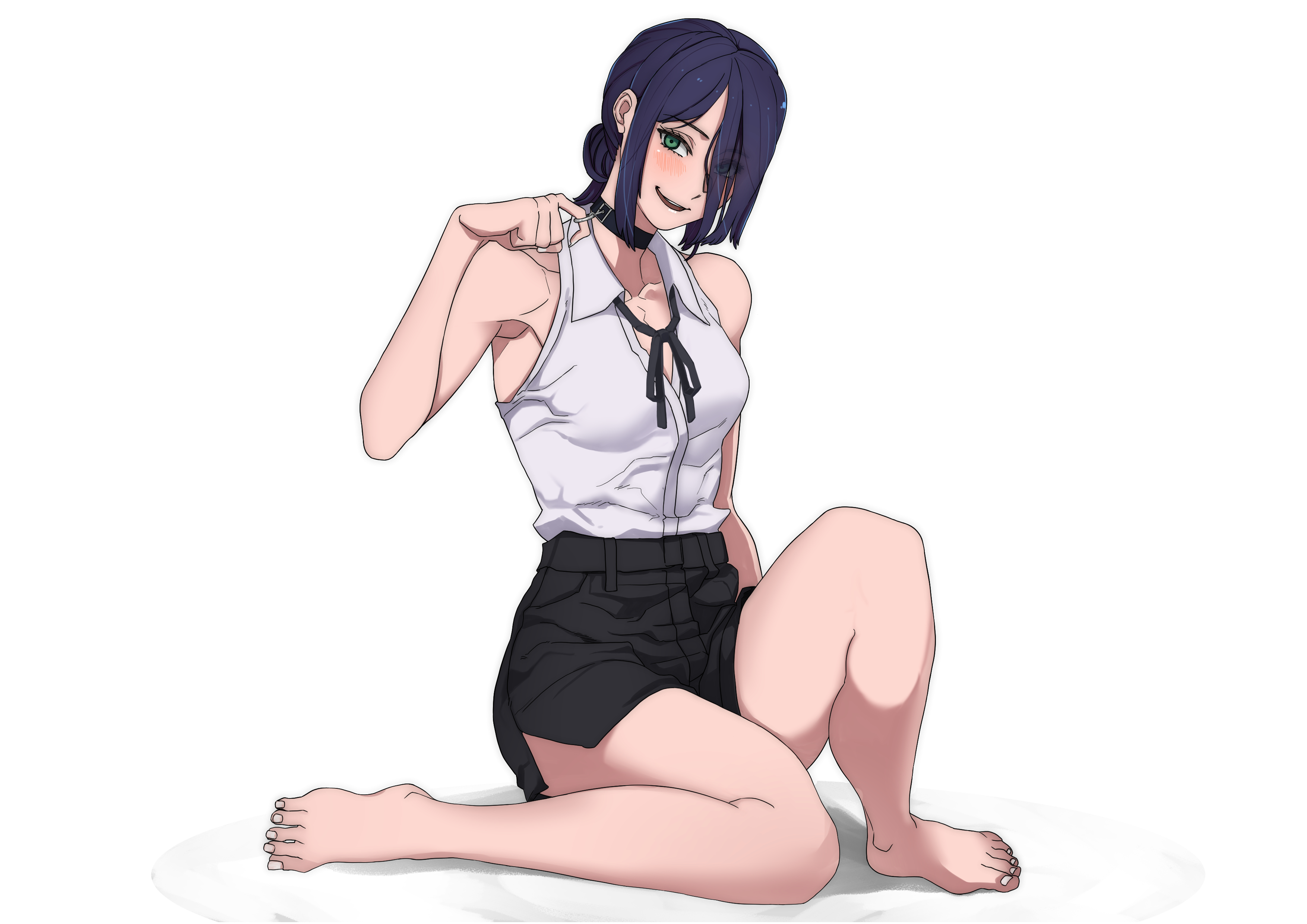 cheese cat, reze (chainsaw man), chainsaw man, absurdres, highres, 1girl, barefoot, black choker, black hair, black ribbon, black shorts, breasts, choker, collared shirt, feet, green eyes, grenade pin, hair bun, looking at viewer, medium breasts, neck ribbon, open mouth, ribbon, shirt, shorts, simple background, sleeveless, sleeveless shirt, solo, white background