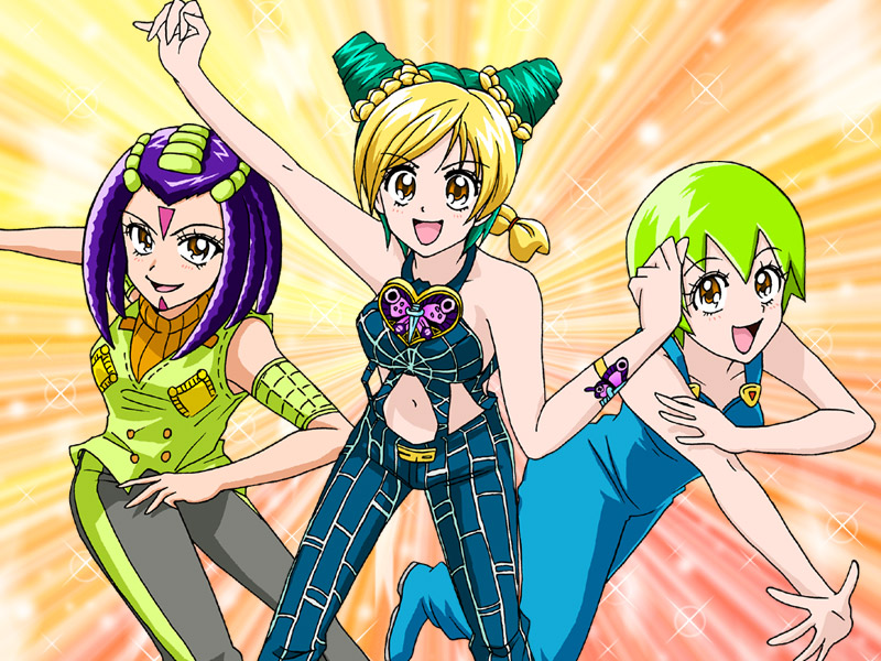 nozomi uni, ermes costello, foo fighters (jojo), kuujou jolyne, gals!, jojo no kimyou na bouken, precure, stone ocean, yes! precure 5, 3girls, armband, bare shoulders, blonde hair, braid, brown eyes, cone hair bun, double bun, dreadlocks, eyelashes, green hair, hair bun, midriff, multicolored hair, multiple girls, navel, open mouth, overalls, pants, parody, purple hair, scar, short hair, sleeveless, smile, tattoo