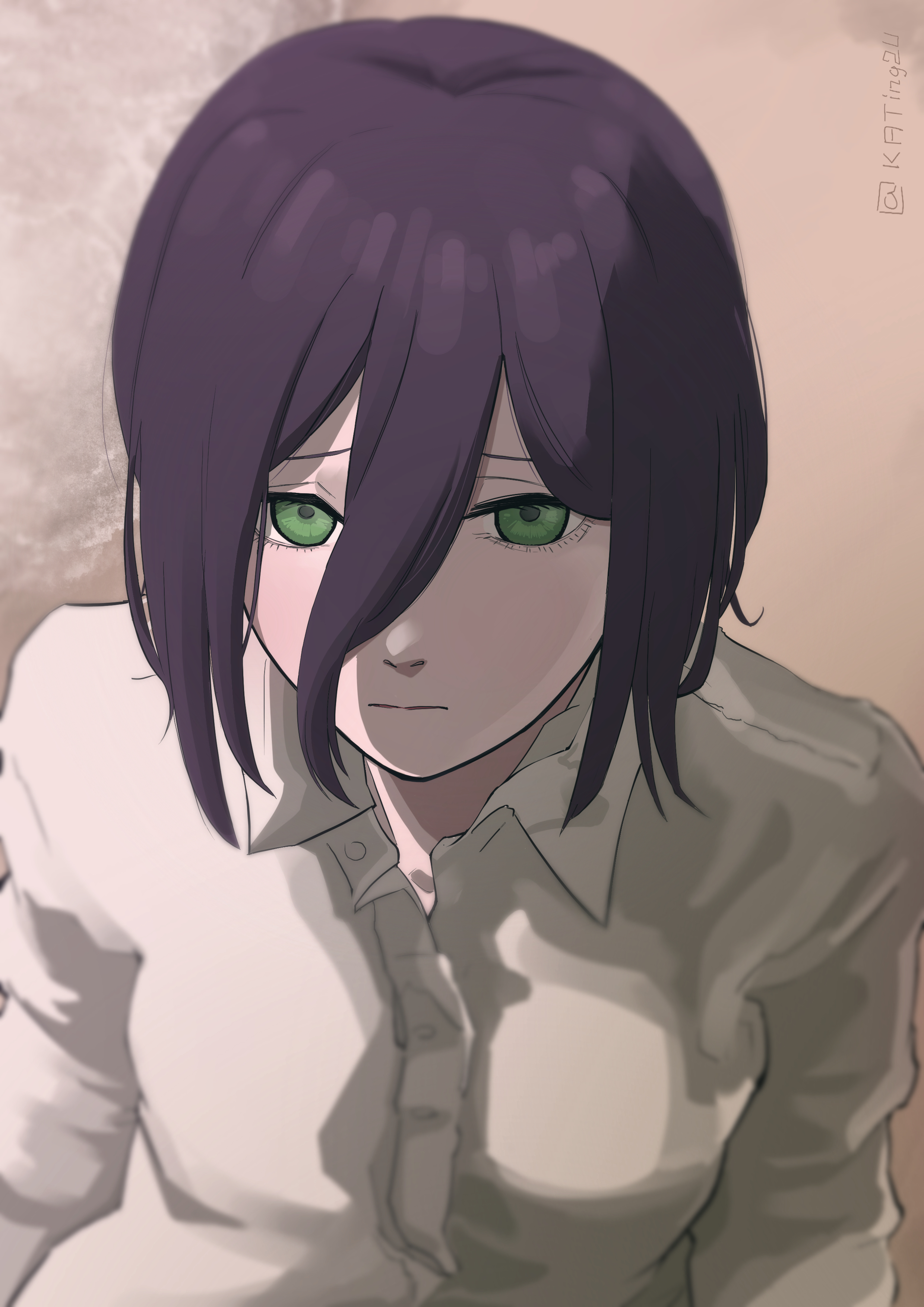 katamotokizami, reze (chainsaw man), chainsaw man, absurdres, commentary request, highres, 1girl, beach, closed mouth, collared shirt, green eyes, hair between eyes, looking at viewer, outdoors, purple hair, sand, shirt, solo, white shirt