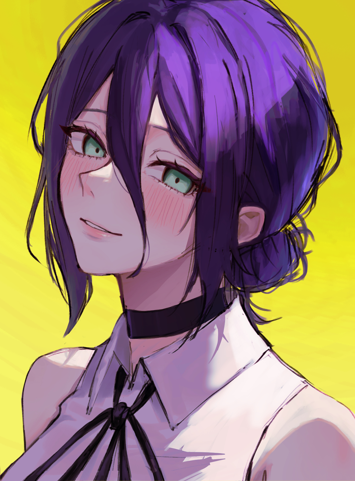 maruta0515, reze (chainsaw man), chainsaw man, commentary, highres, 1girl, black choker, black ribbon, blush, choker, collared shirt, green eyes, hair between eyes, hair bun, looking at viewer, neck ribbon, parted lips, purple hair, ribbon, shirt, simple background, sleeveless, sleeveless shirt, solo, white shirt, yellow background