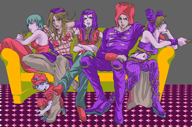 chitose (love strip), emporio alnino, ermes costello, foo fighters (jojo), kuujou jolyne, narciso anasui, weather report, jojo no kimyou na bouken, stone ocean, fur, 3boys, 3girls, aqua eyes, armband, bare shoulders, baseball uniform, belt, boots, braid, breasts, brown hair, chitose (loveu2606strip), couch, crossed arms, crossed legs, double bun, dreadlocks, drink, eyeshadow, green hair, hair bun, hat, kneeling, long hair, makeup, medium breasts, midriff, multicolored hair, multiple boys, multiple girls, navel, open mouth, overalls, pants, purple hair, scar, short hair, sideboob, sitting, sleeveless, sportswear, wristband