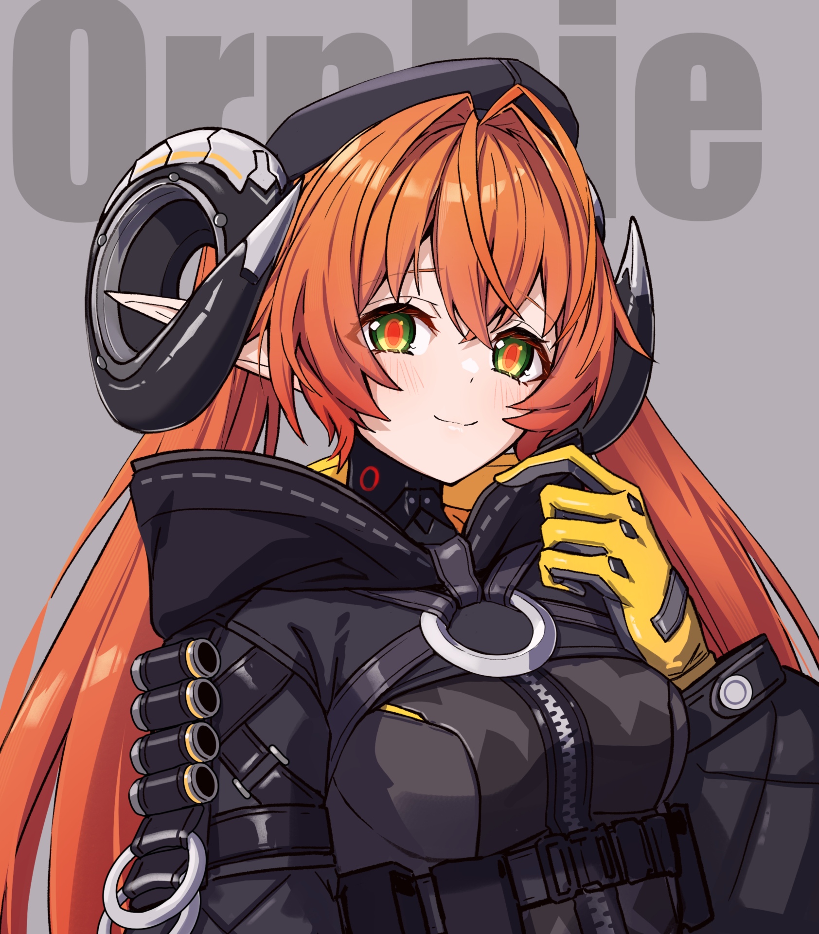takanashi kei (hitsujikan), orphie magnusson, zenless zone zero, highres, 1girl, beret, black dress, black hat, black jacket, blush, breasts, character name, curled horns, dragon girl, dragon horns, dress, gloves, green eyes, hat, horns, jacket, large breasts, long hair, long sleeves, looking at viewer, mechanical tail, o-ring, pointy ears, red hair, smile, solo, tail, twintails, yellow gloves