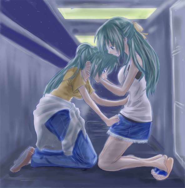 wahi, sonozaki mion, sonozaki shion, higurashi no naku koro ni, image sample, md5 mismatch, pixiv sample, resolution mismatch, source larger, 00s, 2girls, casual, comforting, green eyes, green hair, half updo, hands on another's face, long hair, multiple girls, night, ponytail, ribbon, siblings, sisters, tears, twins