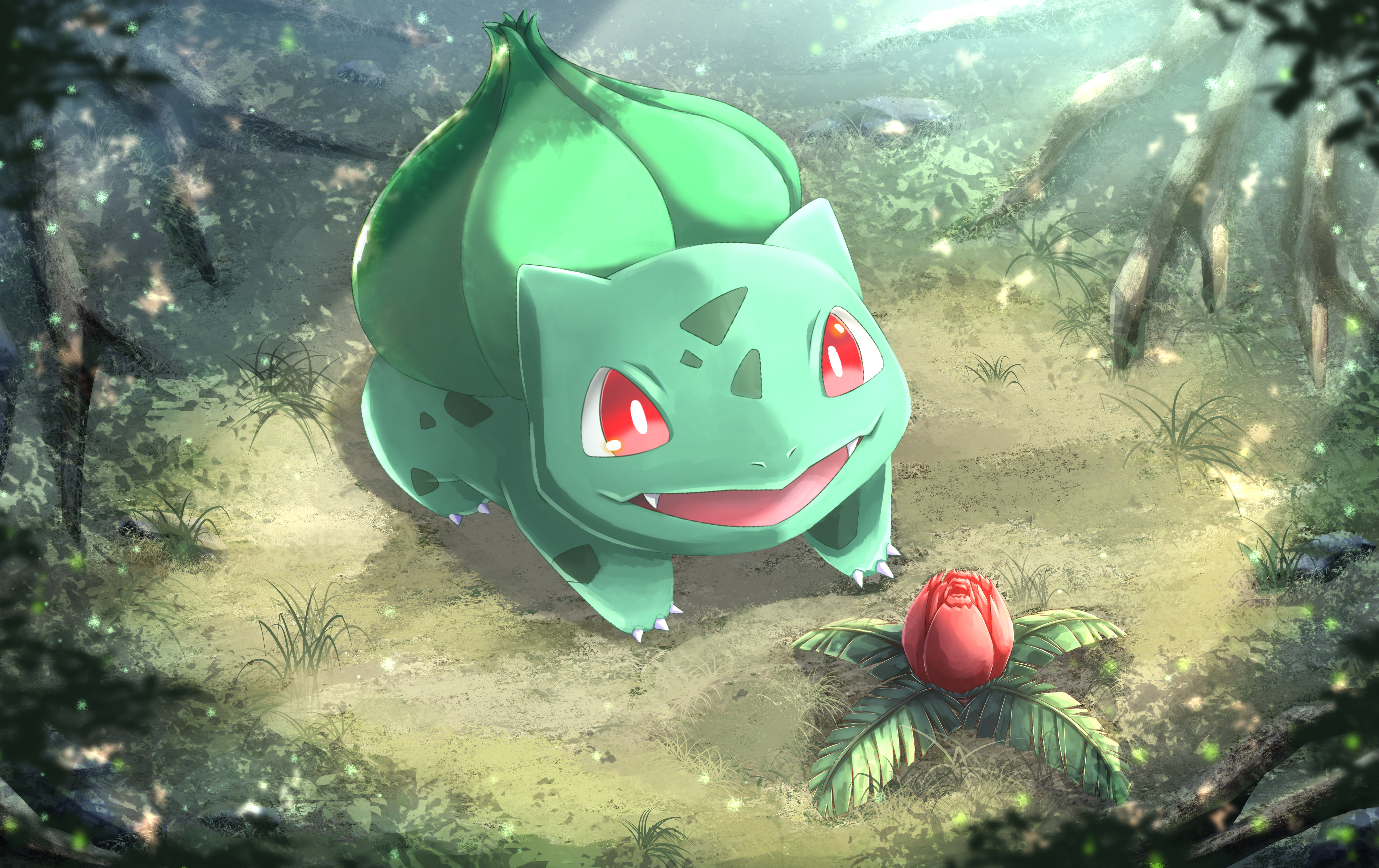 crudefish, bulbasaur, nintendo, pokemon, absurdres, commentary, highres, revision, animal focus, bright pupils, claws, dappled sunlight, fangs, flower, forest, gen 1 pokemon, nature, no humans, nostrils, open mouth, outdoors, plant roots, pokemon (creature), red eyes, red flower, solo, sunlight, white pupils