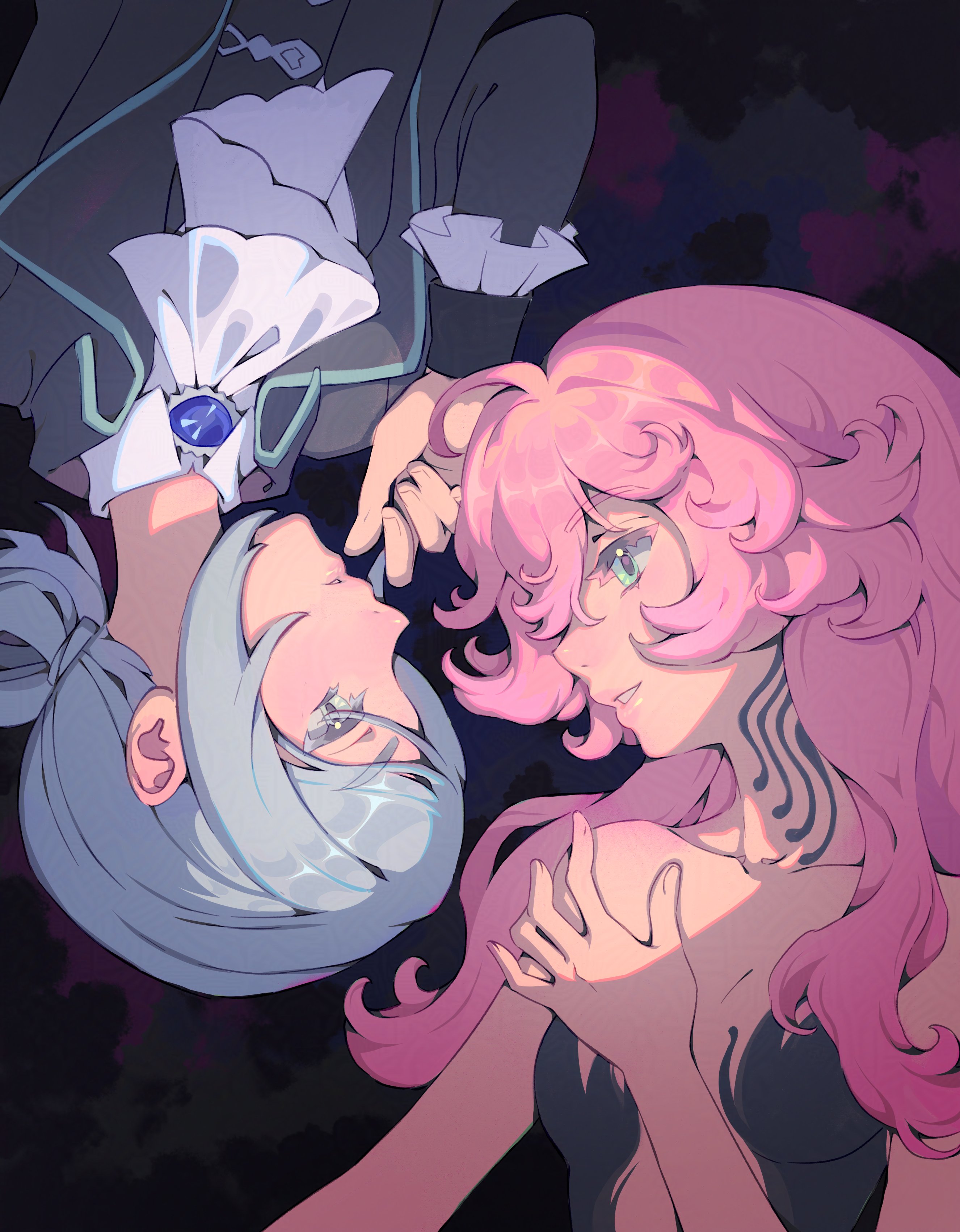 takiminada, nautika (reverse:1999), vertin (reverse:1999), reverse:1999, absurdres, adversarial noise, highres, 2girls, ascot, bare shoulders, black coat, blue eyes, coat, dark background, dress, eye contact, grey eyes, grey hair, hair bun, hand up, long hair, looking at another, multiple girls, parted lips, pink hair, plunging neckline, profile, rotational symmetry, shirt, short hair, single side bun, strapless, strapless dress, upside-down, white ascot, white shirt