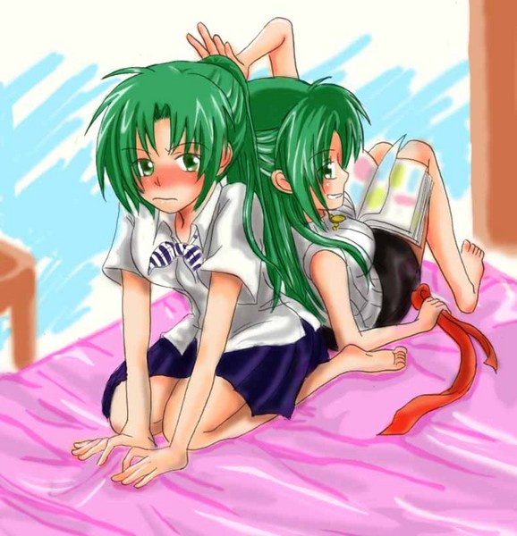 wahi, sonozaki mion, sonozaki shion, higurashi no naku koro ni, image sample, md5 mismatch, pixiv sample, resolution mismatch, source larger, 00s, 2girls, barefoot, bed, blush, casual, diary, green eyes, green hair, half updo, journal, long hair, multiple girls, ponytail, ribbon, school uniform, serafuku, siblings, sisters, twins