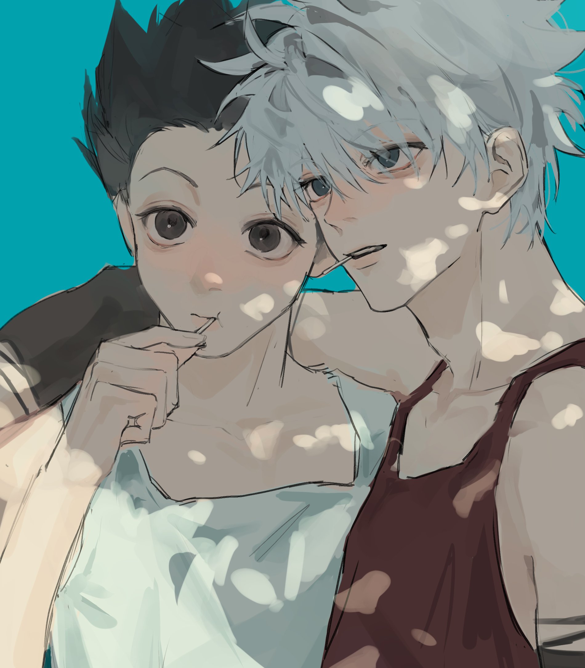 api (ppi 52), gon freecss, killua zoldyck, hunter x hunter, highres, 2boys, aqua background, arm around shoulder, black eyes, black hair, blue eyes, candy, food, holding, holding candy, holding food, holding lollipop, lollipop, male focus, multiple boys, red tank top, short hair, simple background, tank top, upper body, white hair, white tank top