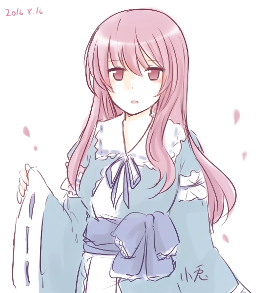 koto (shiberia39), saigyouji yuyuko, touhou, commentary request, 1girl, alternate hair length, alternate hairstyle, blue dress, blue ribbon, blue sash, blush, breasts, dated, dress, frills, hair between eyes, long dress, long sleeves, no headwear, petals, pink eyes, pink hair, puffy long sleeves, puffy sleeves, ribbon, sash, simple background, solo, standing, white background, white sleeve cuffs