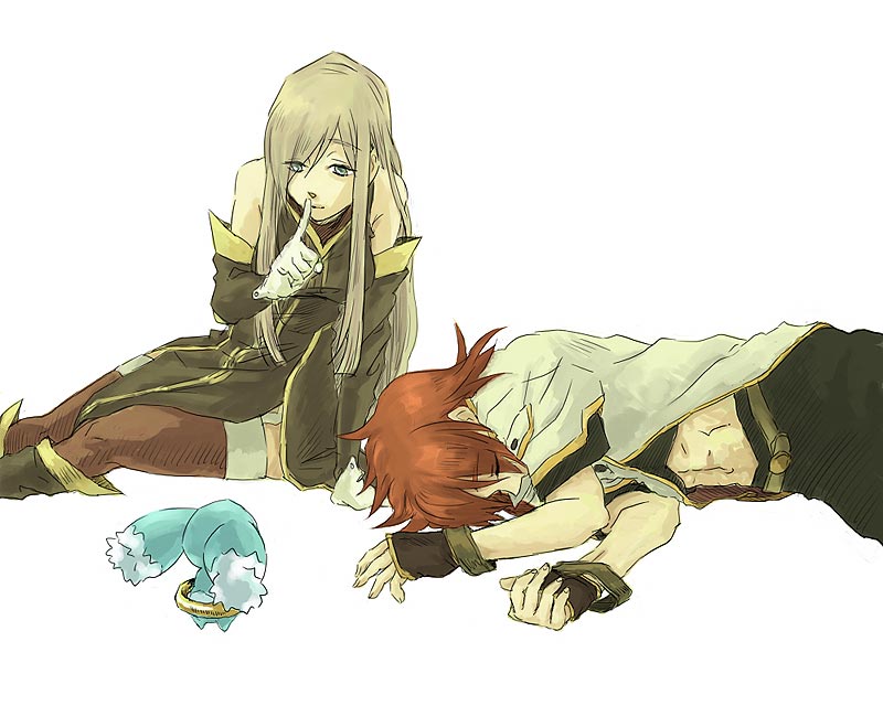 luke fon fabre, mieu (tales), tear grants, tales of (series), tales of the abyss, 00s, 1boy, 1girl, brown hair, creature, gloves, long hair, red hair, sleeping, thighhighs