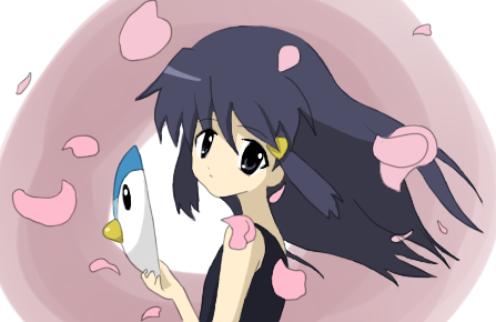 dawn (pokemon), furude rika, piplup, higurashi no naku koro ni, nintendo, pokemon, lowres, 1girl, blue eyes, blue hair, cosplay, female focus, furude rika (cosplay), gen 4 pokemon, long hair, mask, matching hair/eyes, parody, solo