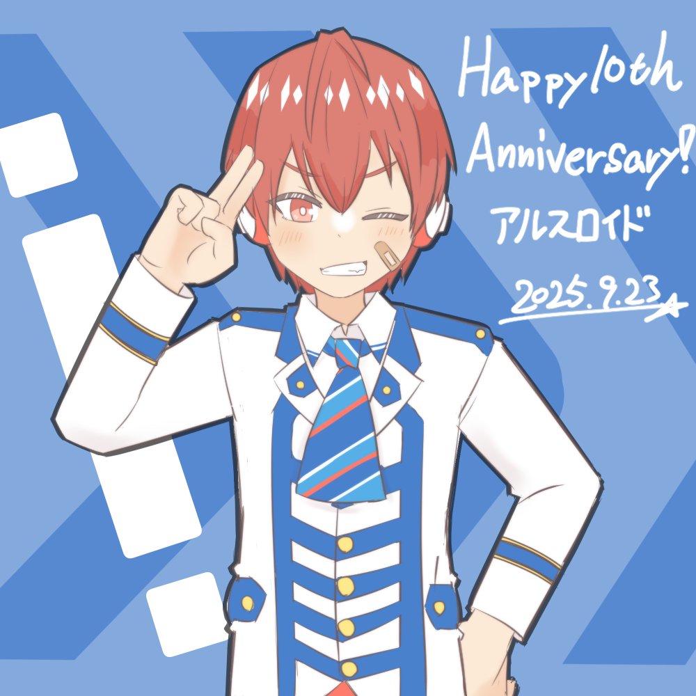 wixa14 shin, arsloid, vocaloid, commentary request, 1boy, anniversary, bandaid, bandaid on face, blue background, blue necktie, blush, character name, collared shirt, dated, happy anniversary, jacket, male focus, necktie, one eye closed, red eyes, red hair, shirt, solo, star (symbol), striped necktie, teeth, white jacket, white shirt