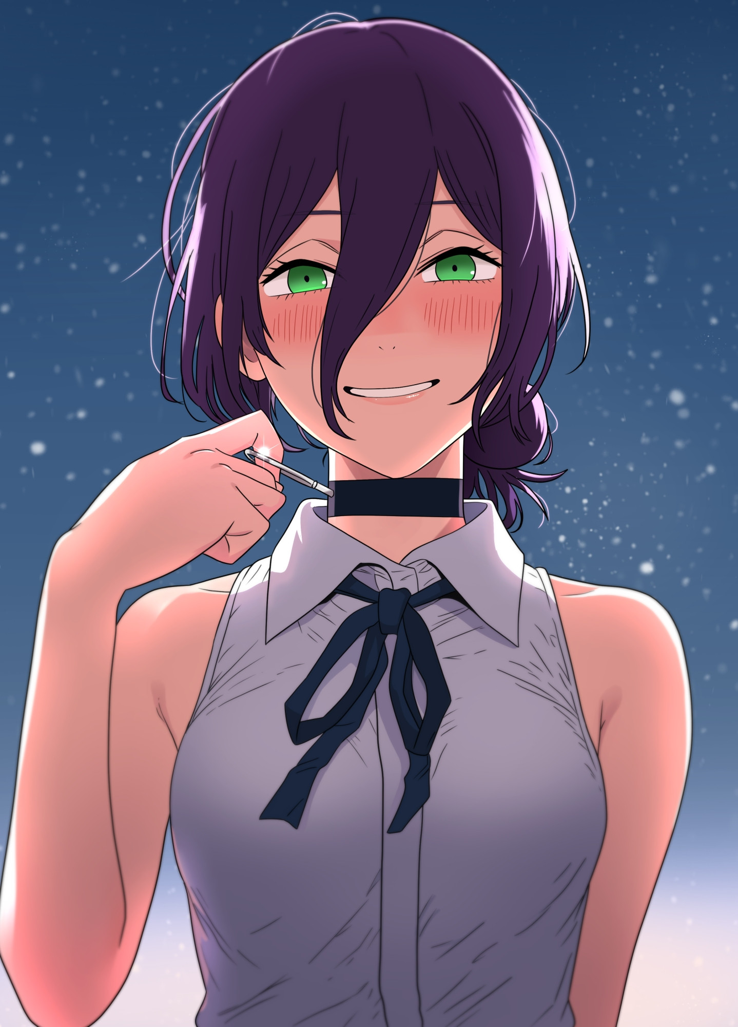 igarashi gozo, reze (chainsaw man), chainsaw man, highres, 1girl, black choker, black ribbon, blush, breasts, choker, green eyes, grenade pin, grey shirt, grin, hair bun, looking at viewer, medium breasts, neck ribbon, purple hair, ribbon, shirt, sleeveless, sleeveless shirt, smile, solo, teeth