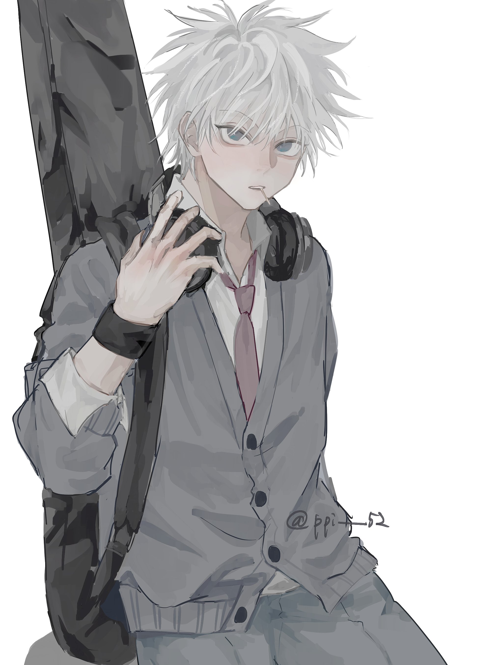 api (ppi 52), killua zoldyck, hunter x hunter, absurdres, commentary, highres, 1boy, alternate costume, blue eyes, guitar case, headphones, headphones around neck, instrument case, instrument case on back, lollipop in mouth, looking at viewer, male focus, necktie, short hair, simple background, solo, sweater, twitter username, white background, white hair