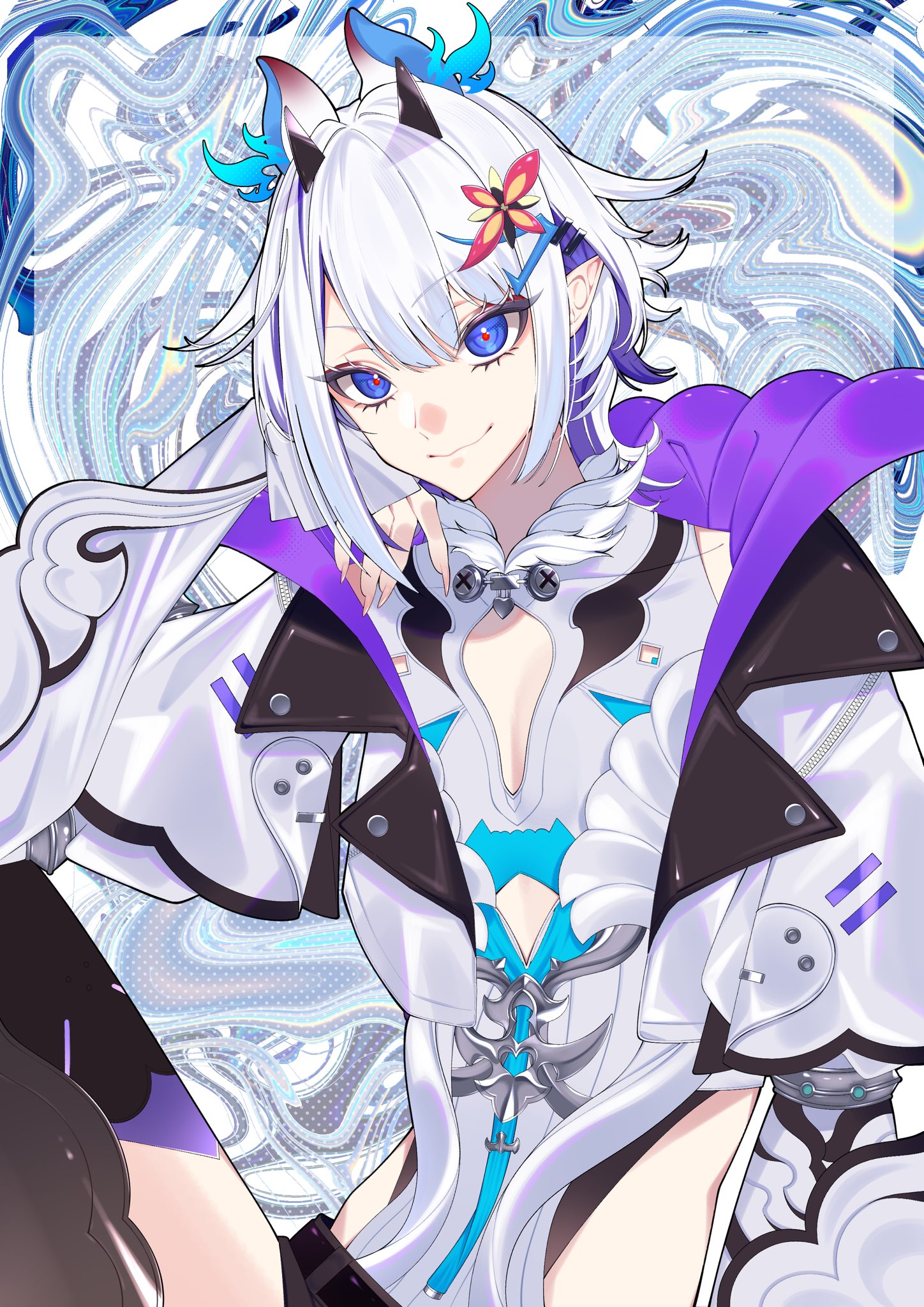 lilichanxxx, indie virtual youtuber, commentary, english commentary, highres, 1boy, animal ears, black horns, blue eyes, cleavage cutout, closed mouth, clothing cutout, fingernails, hair between eyes, hair ornament, hand rest, high collar, horns, jacket, long sleeves, looking at viewer, male focus, open clothes, open jacket, pointy ears, sharp fingernails, short hair, sleeves past wrists, smile, solo, virtual youtuber, whale taylor, white hair