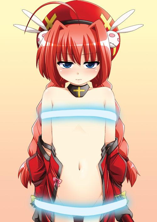 hijiri tsukasa, lyrical nanoha, mahou shoujo lyrical nanoha, mahou shoujo lyrical nanoha a's, vita, jpeg artifacts, ahoge, blue eyes, blush, braid, censored, choker, convenient censoring, flat chest, hat, loli, long hair, no bra, no panties, red hair, restraints, solo, standing, twin braids, undressing