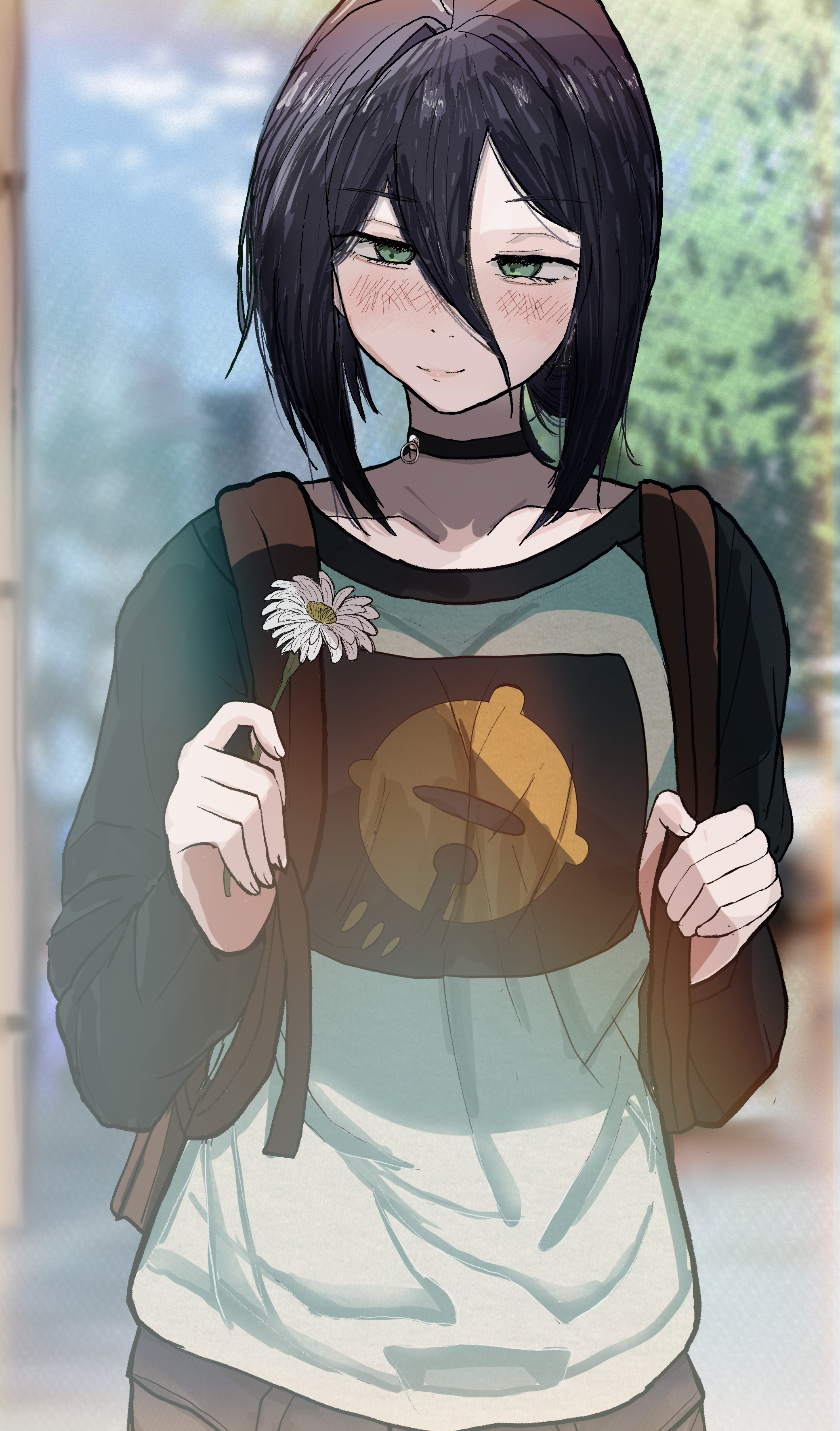 matudo yuu, reze (chainsaw man), chainsaw man, absurdres, highres, 1girl, backpack, bag, black choker, black hair, black sleeves, choker, closed mouth, day, flower, green eyes, hair between eyes, holding, holding flower, light blush, outdoors, shirt, solo, white flower, white shirt