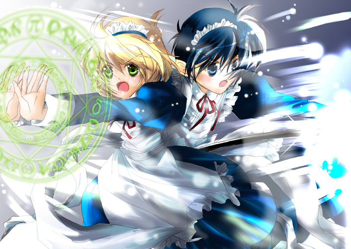 chrono harlaown, yuuno scrya, lyrical nanoha, mahou shoujo lyrical nanoha, 00s, 2boys, black hair, blonde hair, blue eyes, crossdressing, crossdressing (mtf), green eyes, maid, male focus, male maid, multiple boys, short hair