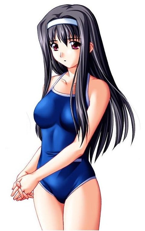 jpeg artifacts, non-web source, black hair, hairband, long hair, one-piece swimsuit, red eyes, school swimsuit, solo, swimsuit