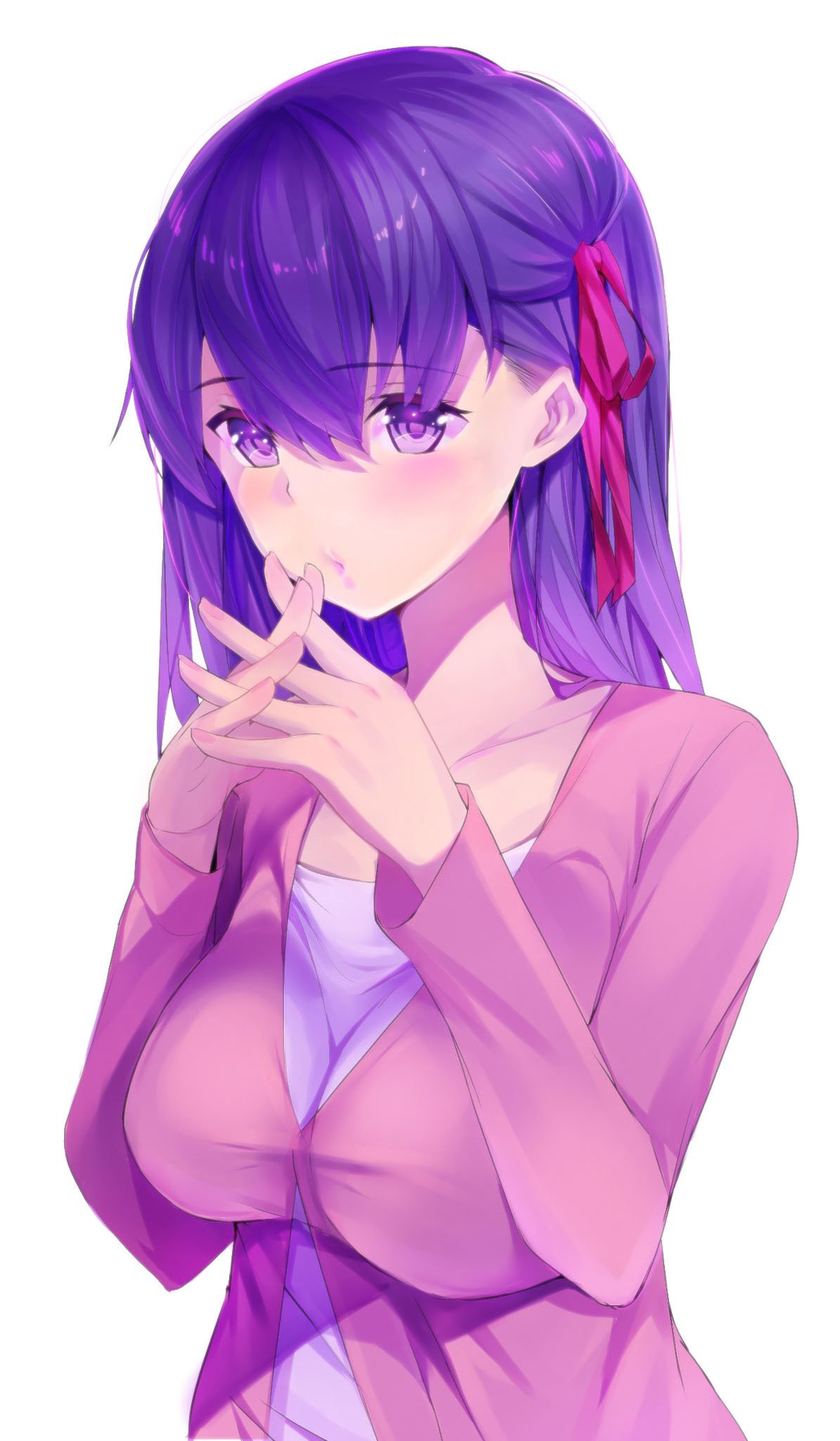 tsukamori shuuji, matou sakura, fate (series), commentary request, highres, 1girl, breasts, collarbone, hair ribbon, interlocked fingers, jacket, large breasts, long hair, long sleeves, looking at viewer, own hands together, pink jacket, puckered lips, purple eyes, purple hair, red ribbon, ribbon, shirt, simple background, solo, upper body, white background, white shirt
