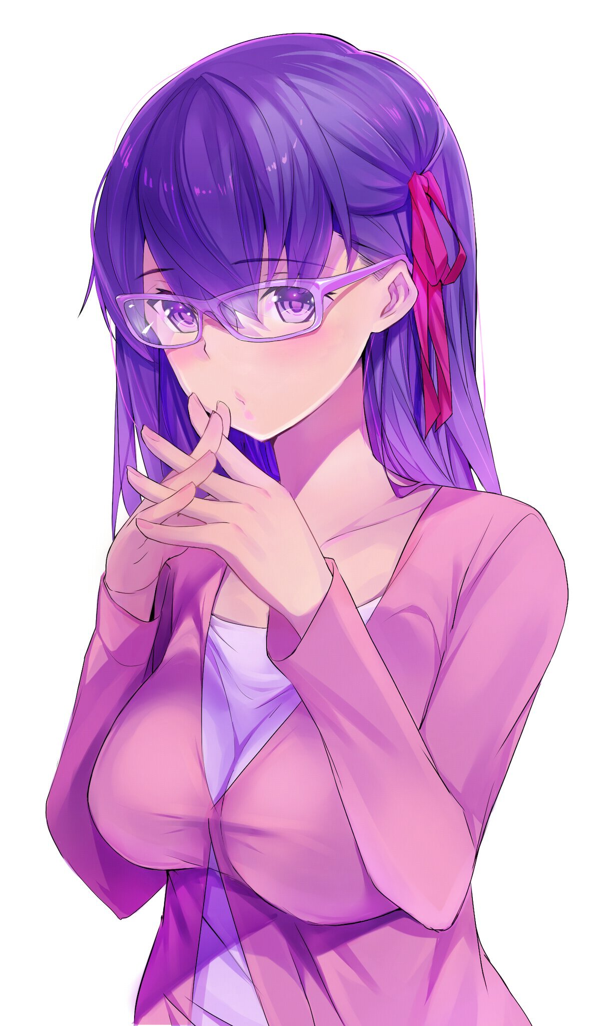 tsukamori shuuji, matou sakura, fate (series), commentary request, highres, 1girl, bespectacled, breasts, collarbone, glasses, hair ribbon, interlocked fingers, jacket, large breasts, long hair, long sleeves, looking at viewer, own hands together, pink jacket, puckered lips, purple-framed eyewear, purple eyes, purple hair, red ribbon, ribbon, shirt, simple background, solo, upper body, white background, white shirt