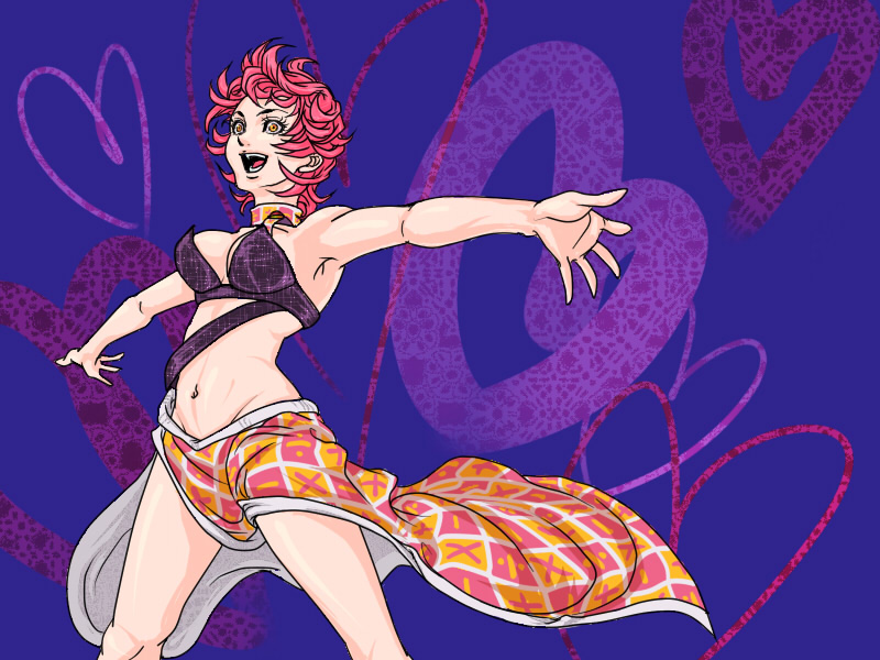 fumaru, kabusumisu, trish una, jojo no kimyou na bouken, vento aureo, bad id, bad pixiv id, 1girl, armpits, bare shoulders, breasts, cleavage, female focus, heart, midriff, navel, open mouth, orange eyes, pink hair, short hair, skirt, smile, solo