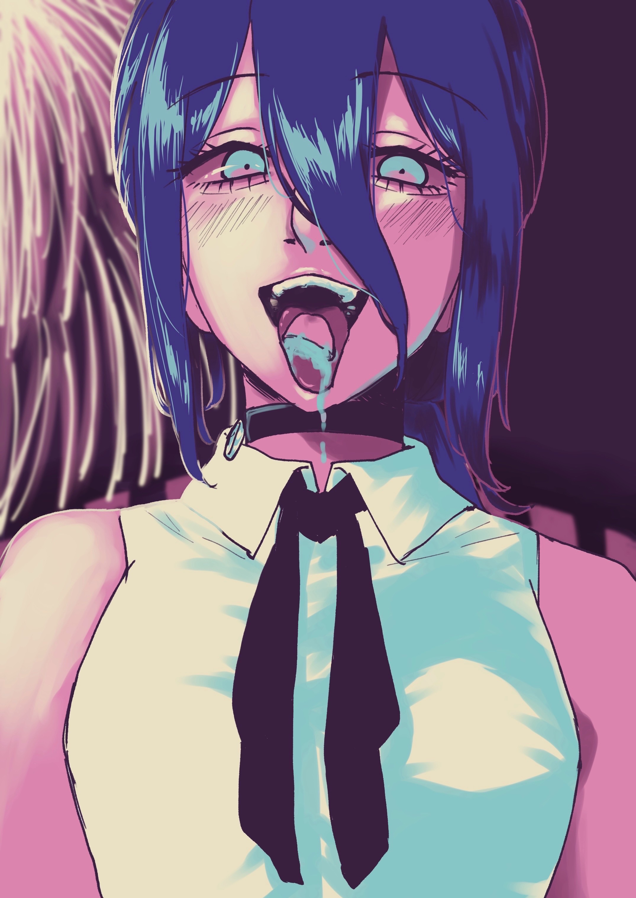 komatu 9290, reze (chainsaw man), chainsaw man, absurdres, highres, 1girl, aerial fireworks, black choker, black ribbon, blue eyes, blue hair, choker, collared shirt, fireworks, grenade pin, hair between eyes, light blush, looking at viewer, neck ribbon, night, open mouth, outdoors, ribbon, shirt, sleeveless, sleeveless shirt, solo, teeth, tongue, tongue out, upper teeth only, white shirt