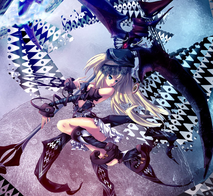 amano cigusa, original, bad id, bad pixiv id, blonde hair, blue eyes, detached sleeves, hat, long hair, pocket watch, scythe, skirt, solo, watch, weapon