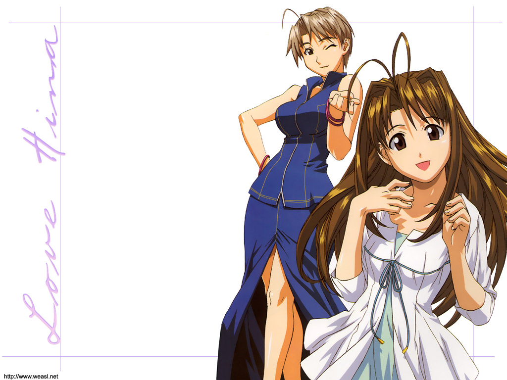 konno mitsune, narusegawa naru, love hina, non-web source, 2girls, ahoge, antenna hair, bare shoulders, blue shirt, bracelet, breasts, brown eyes, brown hair, casual, collarbone, dress, female focus, hand on own hip, hands up, jewelry, long hair, long skirt, long sleeves, looking at viewer, multiple girls, one eye closed, open mouth, shirt, short hair, skirt, sleeveless, sleeveless shirt, smile, watermark, web address, white shirt, wink