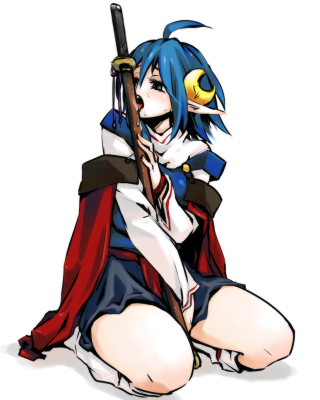 hidaka ryou, rena lanford, star ocean, star ocean: the second story, bad id, bad pixiv id, 1girl, ahoge, blue eyes, blue hair, cape, crescent, crescent hair ornament, female focus, hair ornament, hairclip, katana, licking, matching hair/eyes, pointy ears, short hair, solo, sword, weapon