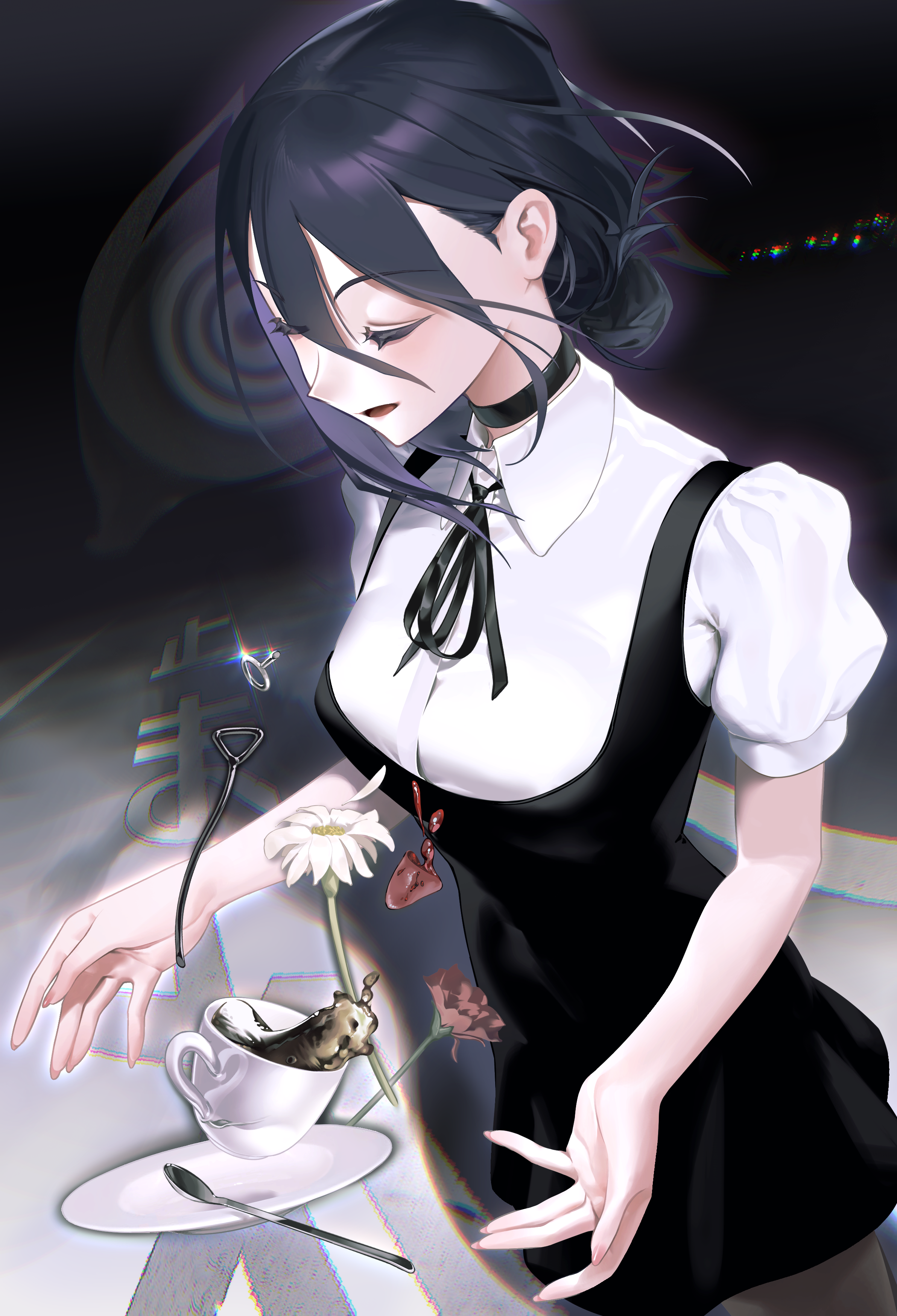 daifunier, reze (chainsaw man), chainsaw man, absurdres, highres, 1girl, black choker, black dress, black hair, black ribbon, blood, choker, closed eyes, coffee, collared shirt, cup, dress, flower, hair between eyes, hair bun, neck ribbon, open mouth, ribbon, saucer, severed tongue, shirt, solo, spoon, teacup, white flower, white shirt